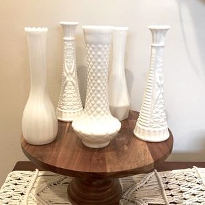 Lot of 5 vintage white milk glass bud stem vases wedding decor